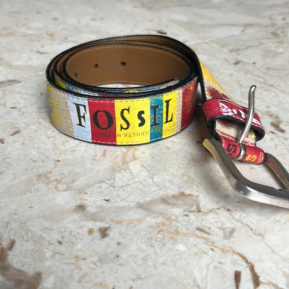Fossil Multicolor Striped Logo Leather Belt - Red, Yellow, Blue, White